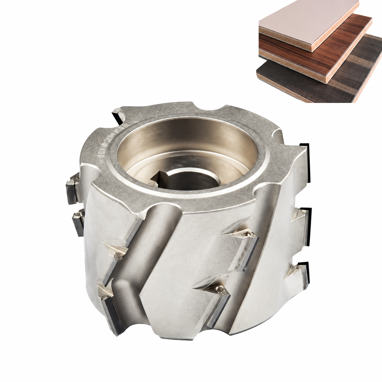 80 mm PCD pre-milling cutter showing the keyed mounting bore and panel samples