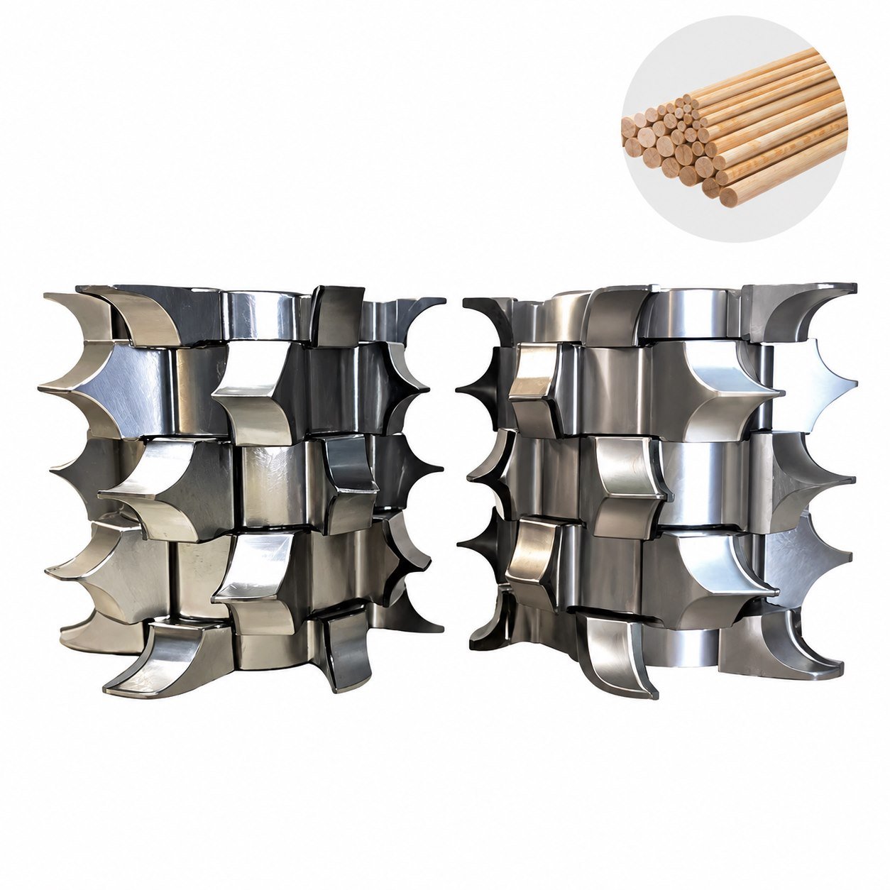 PCD round-rod cutters with a wooden dowel sample on a white background