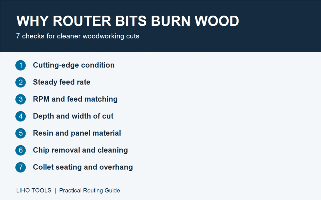Router burn troubleshooting checklist covering sharpness, feed, RPM, cutting depth, cleanliness, chip removal, and mounting.