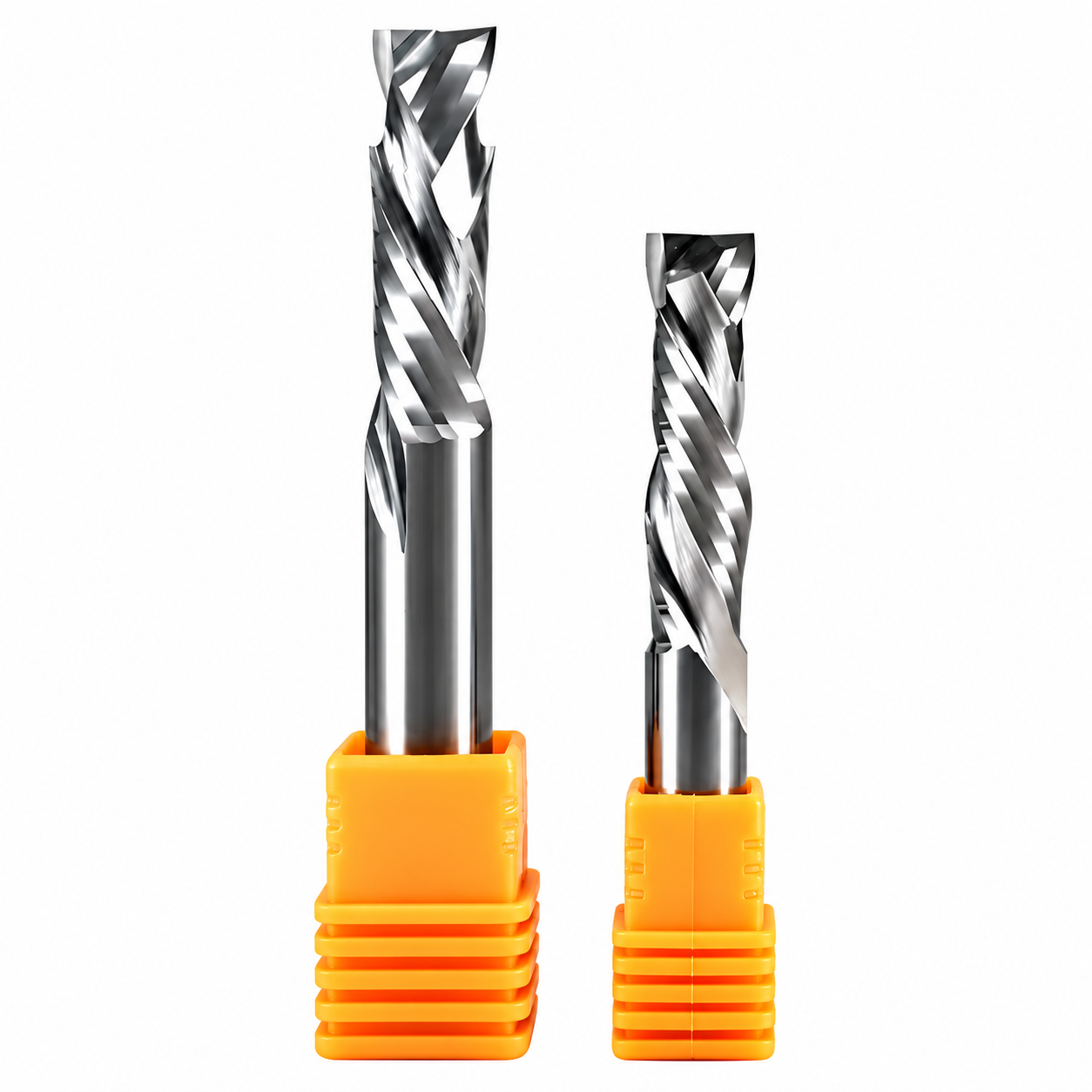 Two solid carbide two-flute compression router bits in orange protective holders